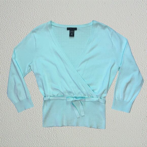 Light blue surplice wrap long sleeve top with waist bow tie balletcore coquette - Picture 1 of 5